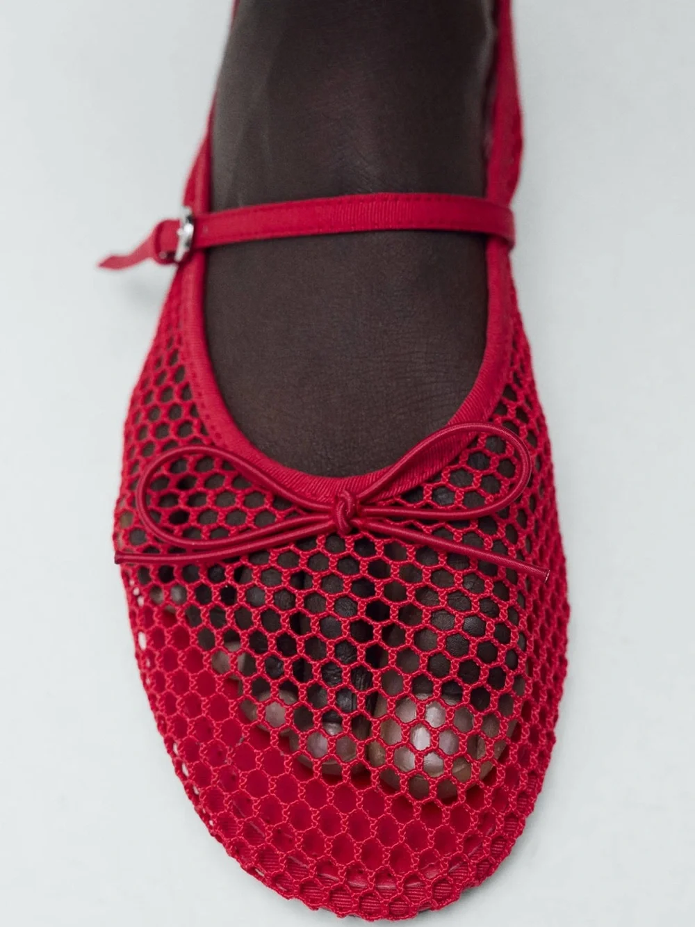 Mango Bright Red Mesh Mary Jane Ballerina Flats with Bow FINAL SALE